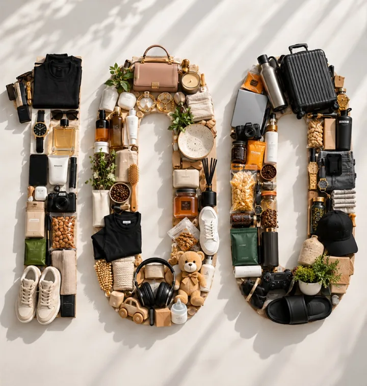 Hundreds of products arranged into the number 100