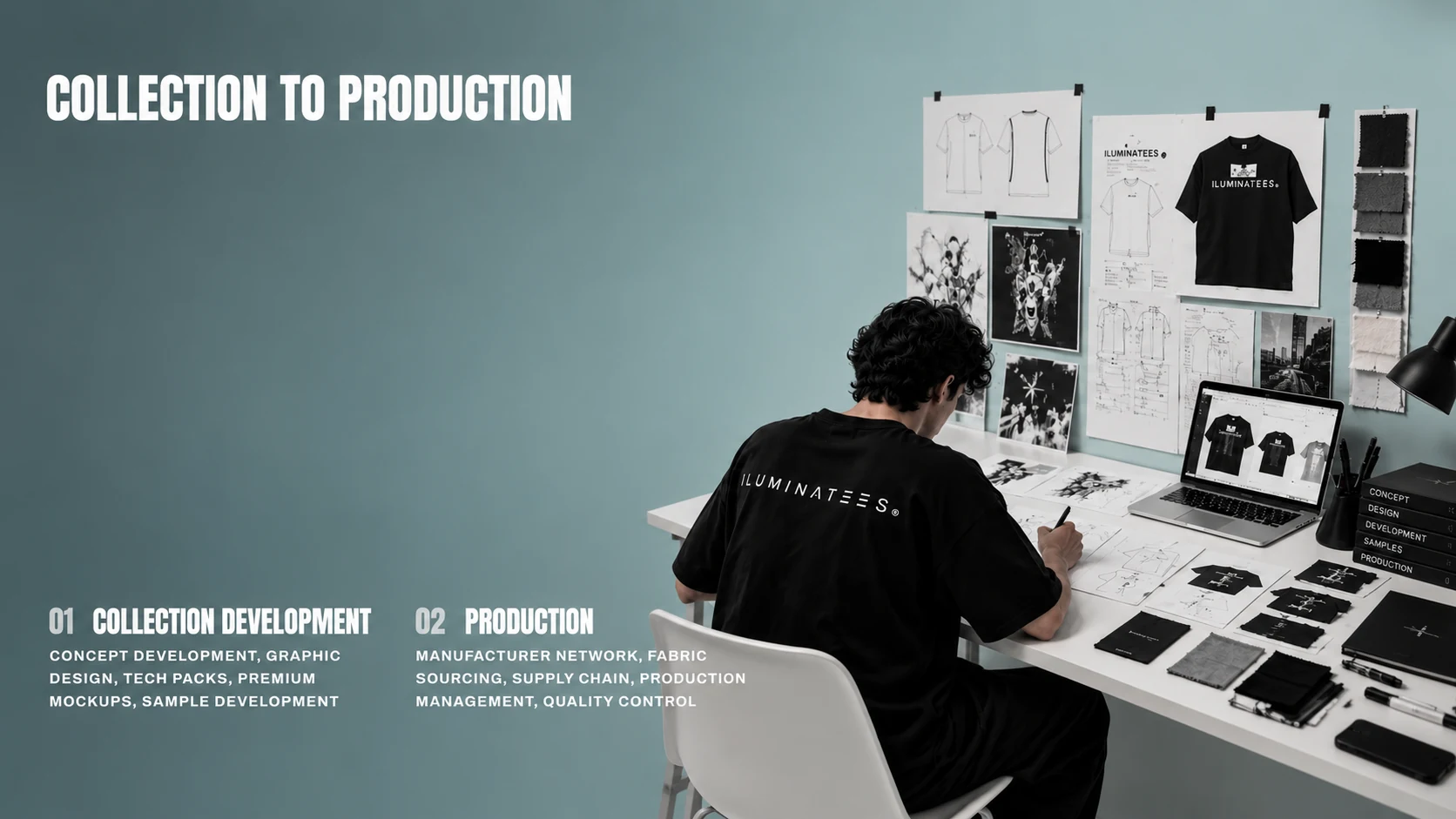 Modules 01 and 02: Collection development (concept development, graphic design, tech packs, premium mockups, sample development) and Production (manufacturer network, fabric sourcing, supply chain, production management, quality control)