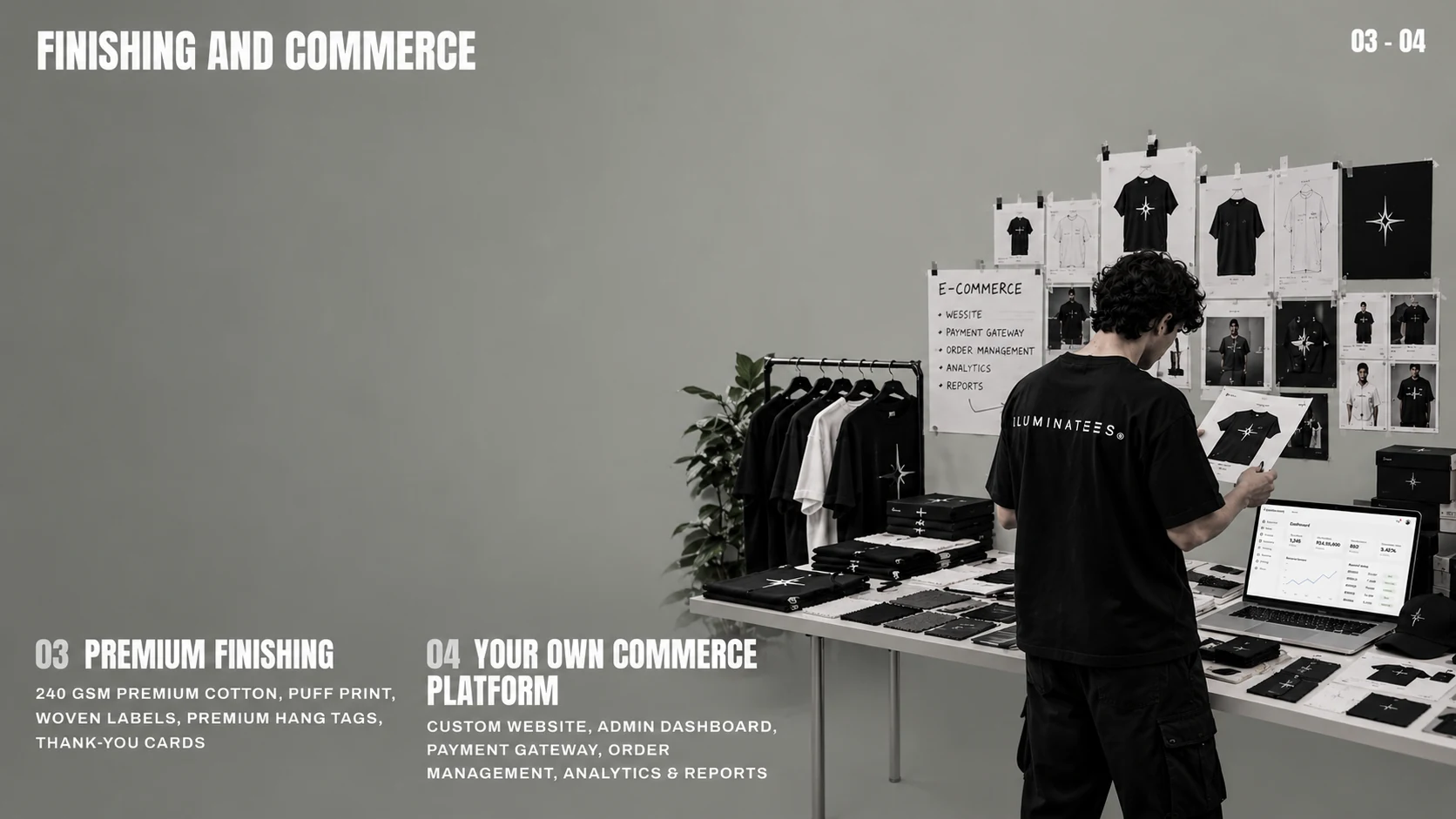 Modules 03 and 04: Premium finishing (240 GSM premium cotton, puff print, woven labels, premium hang tags, thank-you cards) and Your own commerce platform (custom website, admin dashboard, payment gateway, order management, analytics and reports)