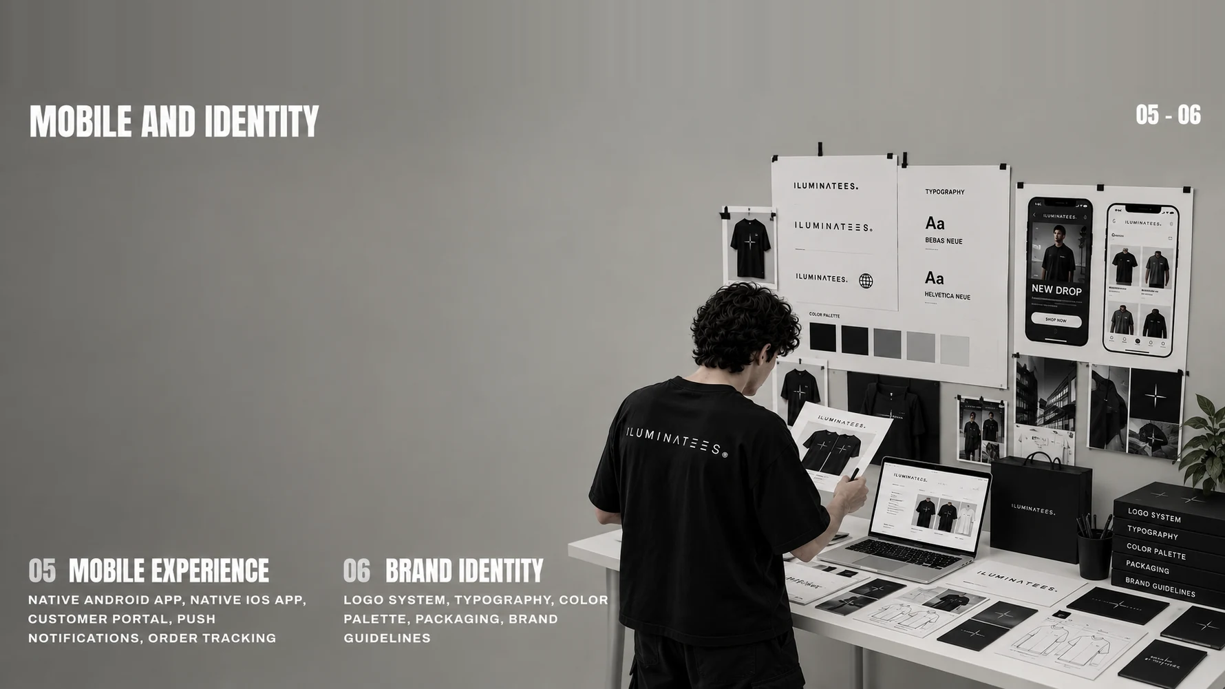 Modules 05 and 06: Mobile experience (native Android and iOS apps, customer portal, push notifications, order tracking) and Brand identity (logo system, typography, color palette, packaging, brand guidelines)